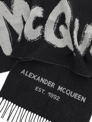 Alexander Mcqueen Graffiti Logo Fringed Scarf