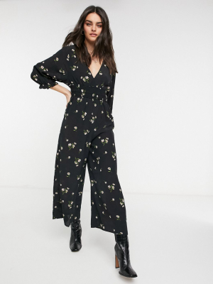 Asos Design Shirred Waist Jumpsuit In Dark Meadow Floral Print