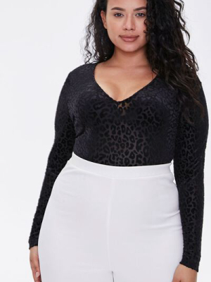 Plus Size Velvet Leopard Print Bodysuit