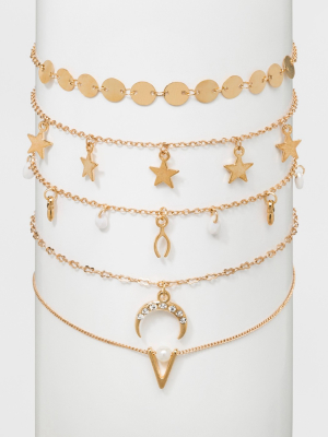 Choker With Star, Discs And Beaded Necklace Set 5ct - Wild Fable™ Gold