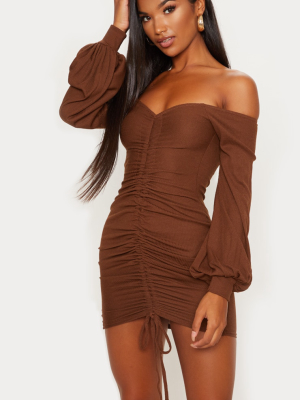 Chocolate Brown Ribbed Bardot Balloon Sleeve...