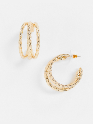 Asos Design Hoop Earrings In Ribbed Triple Row Design In Gold Tone