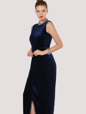 Closet Gold Navy Velvet Draped Sleeveless Wrap Dress