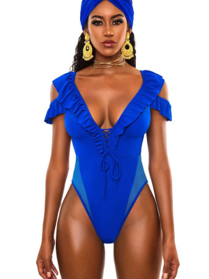 High Leg Cold Shoulder Mesh Splicing One Piece Swimsuit