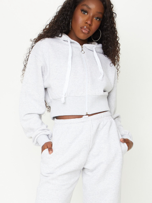 Ash Grey Zip Front Thick Drawstring Cropped Hoodie
