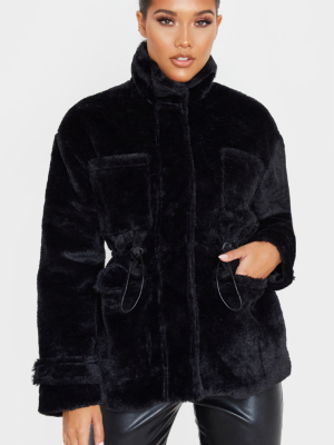 Black Faux Fur Gathered Waist Jacket