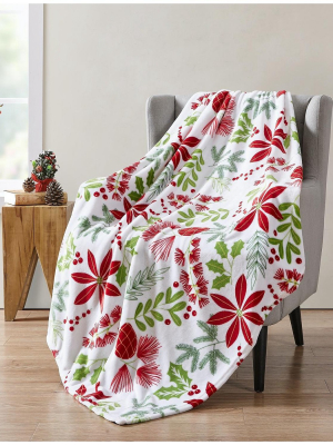 Kate Aurora Holiday Living Christmas Floral Poinsettia & Ferns Ultra Soft & Plush Throw Blanket