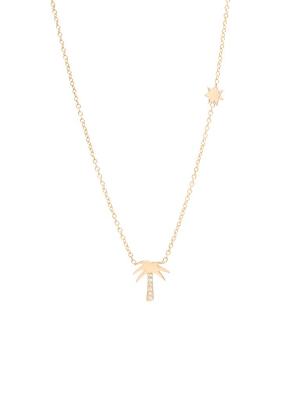 14k Midi Bitty Diamond Palm Tree Necklace With Itty Bitty Sun