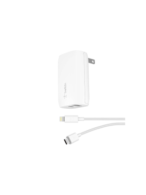 Belkin 2-port 18w Usb-c & 12w Usb-a Wall Charger (with 4' Lightning To Usb-c Cable) - White