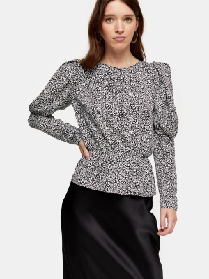 Black And White Micro Animal Print Drama Sleeve Blouse