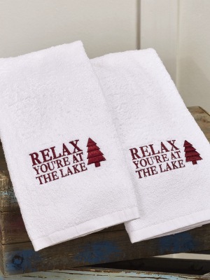 Lakeside Cabin Lodge White Hand Towels - Relax, You're At The Lake - Set Of 2