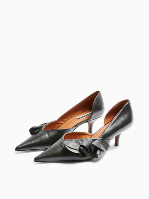 Jostle Black Leather Frill Court Heels