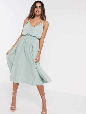 Asos Design Cami Plunge Midi Dress With Blouson Top In Sage Green