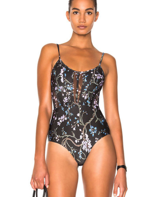 Celebrity Floral Print Mesh Panel Cami One Piece Swimsuit