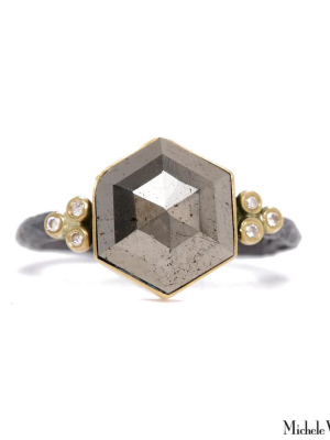 Hexagon Pyrite And Diamonds Gold Ring