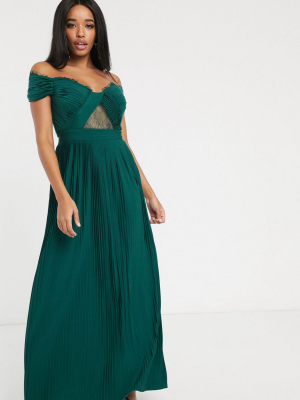 Asos Design Fuller Bust Premium Lace And Pleat Off-the-shoulder Maxi Dress In Forest Green