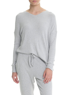 Soft Touch Rib V-neck Long Sleeve Top In Grey Marl