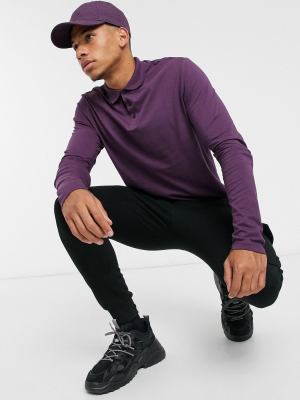 Asos Design Organic Long Sleeve Polo In Purple