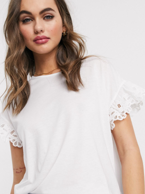 New Look Crochet Trim Sleeve Tee In White