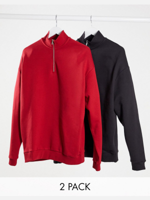 Asos Design Oversized Sweatshirt With Half Zip 2 Pack In Red/black