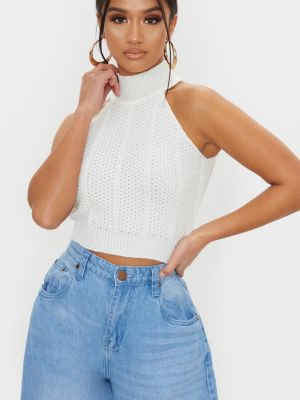 Petite Cream High Neck Knitted Crop Top