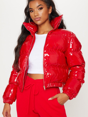 Red Cropped Vinyl Puffer