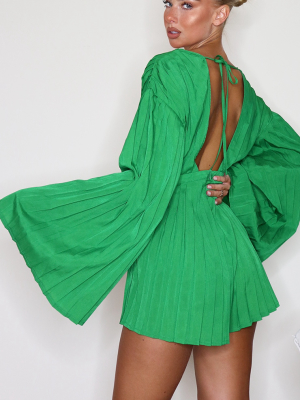 Green Satin Plunge Pleated Romper