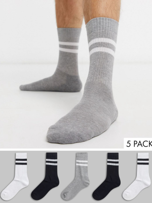 Asos Design 5 Pack Sports Style Socks In Monochrome With Stripes Save