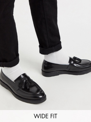 Asos Design Wide Fit Tassel Loafers In Black Leather