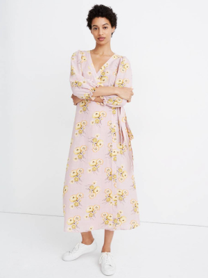 Linen-blend Ruffle-cuff Wrap Dress In Dutch Dandelions