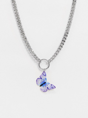 Asos Design Necklace With Purple Butterfly Pendant In Silver Tone