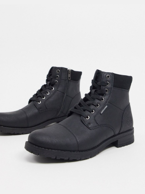 Jack & Jones Lace Up Faux Leather Boot In Black