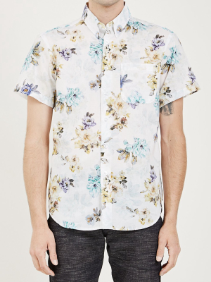 Short Sleeve Easy Shirt Flowers Painting White