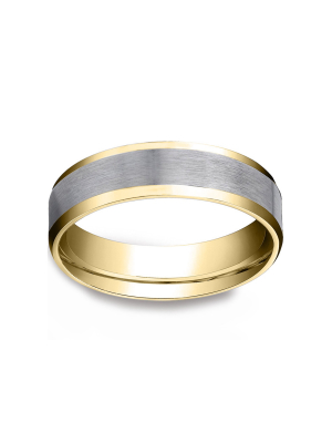 Pompeii3 Mens 10k Gold 6mm Satin Wedding Band Flat Beveled Edge Two Tone Ring