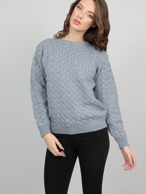 Womens Cable Weave Crew Neck Jumper In Soft Grey