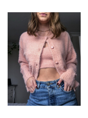 Asos Design Fluffy Cardi And Cami Co-ord In Pink