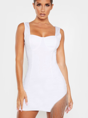 White Sleeveless Diamante Trim Hem Bodycon Dress