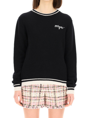 Msgm Contrast Trim Logo Embroidered Jumper