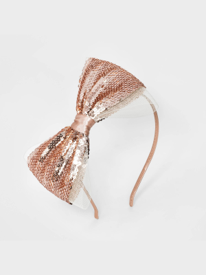 Girls' Satin With Mesh And Sequin Bow Headband - Cat & Jack™ Rose Gold