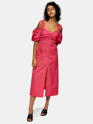 Pink Taffeta Bardot Midi Dress