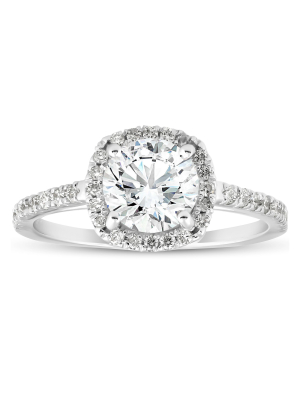 Pompeii3 1 3/4ct Moissanite Lab Created Diamond Cushion Halo Engagemeng Ring 14k White Gold