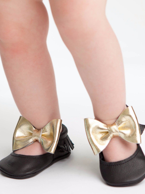 Itty Bitty Moccasins (black & Gold Bow)