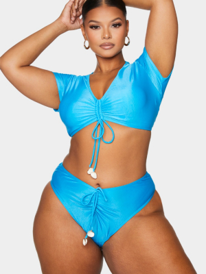 Plus Blue Ruched Shell Trim T-shirt Bikini Top