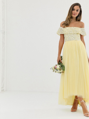 Maya Bridesmaid Delicate Sequin Bardot High Low Maxi Dress In Lemon
