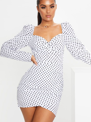 White Polka Dot Puff Sleeve Twist Detail...