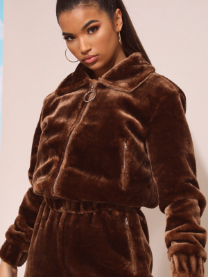 Chocolate Brown Faux Fur Zip Detail Jacket