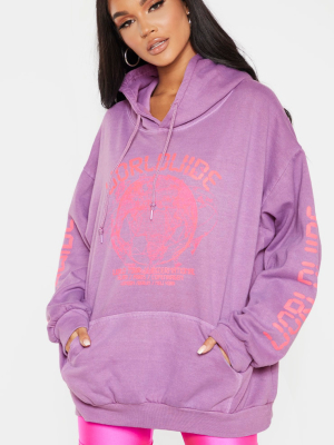 Washed Violet Worldwide Slogan Oversized Hoodie