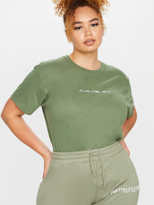 Prettylittlething Plus Sage Khaki Slogan T-shirt