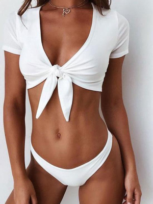 Solid Short Sleeve Knotted Bikini Swimsuit -  Two Piece Set