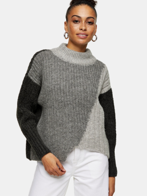 Gray Spliced Colour Block Knitted Sweater